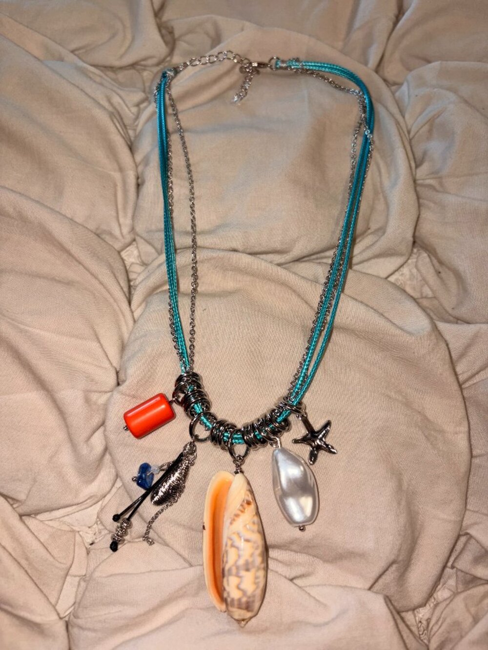 Free People Turquoise Cord Shell Charm Necklace Silver Mermaidcore